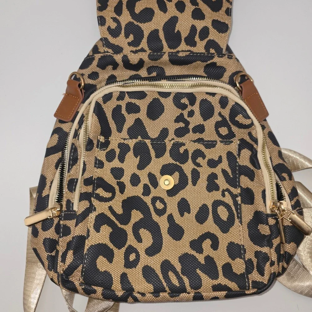 Unbranded Mini Backpack Women OS Leopard Animal Print Faux Leather Trim Gold